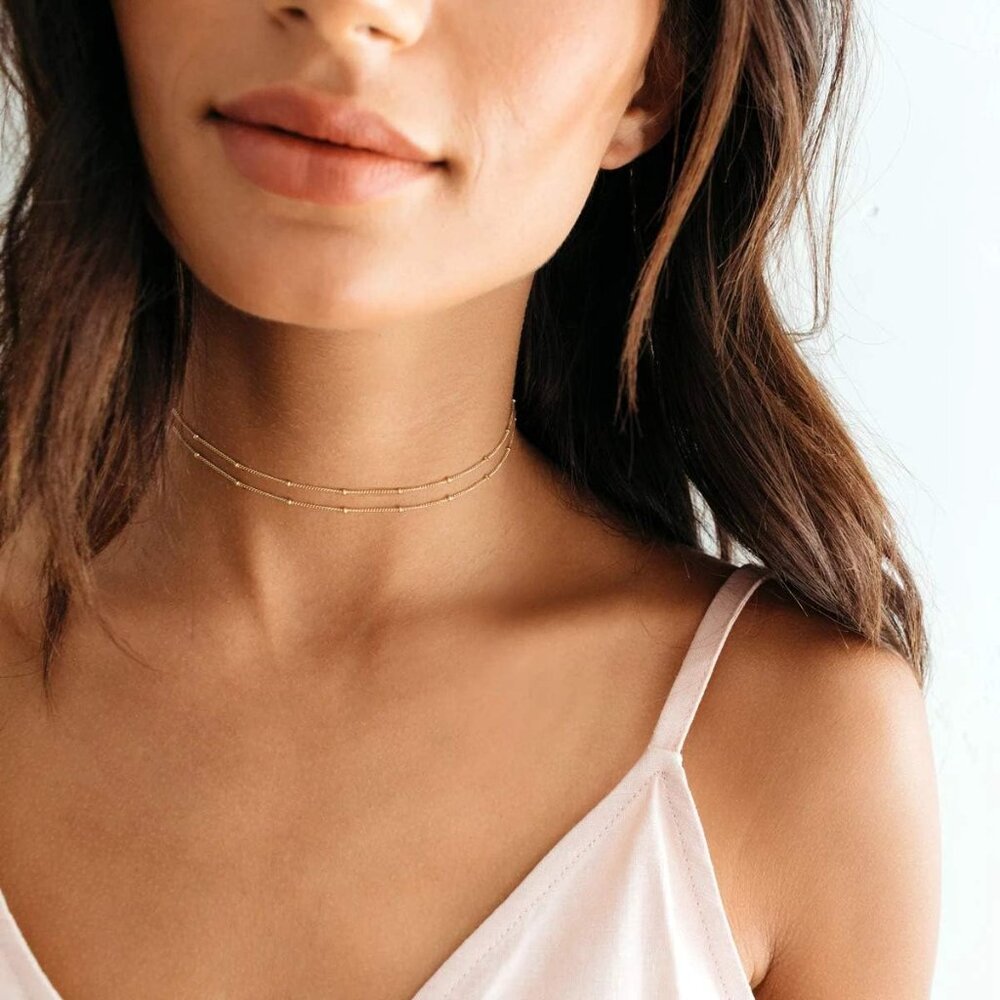 Dainty Gold Chain Choker Necklace 14K Gold Plated Handmade Boho Cute Tiny Beaded - Picture 3 of 7
